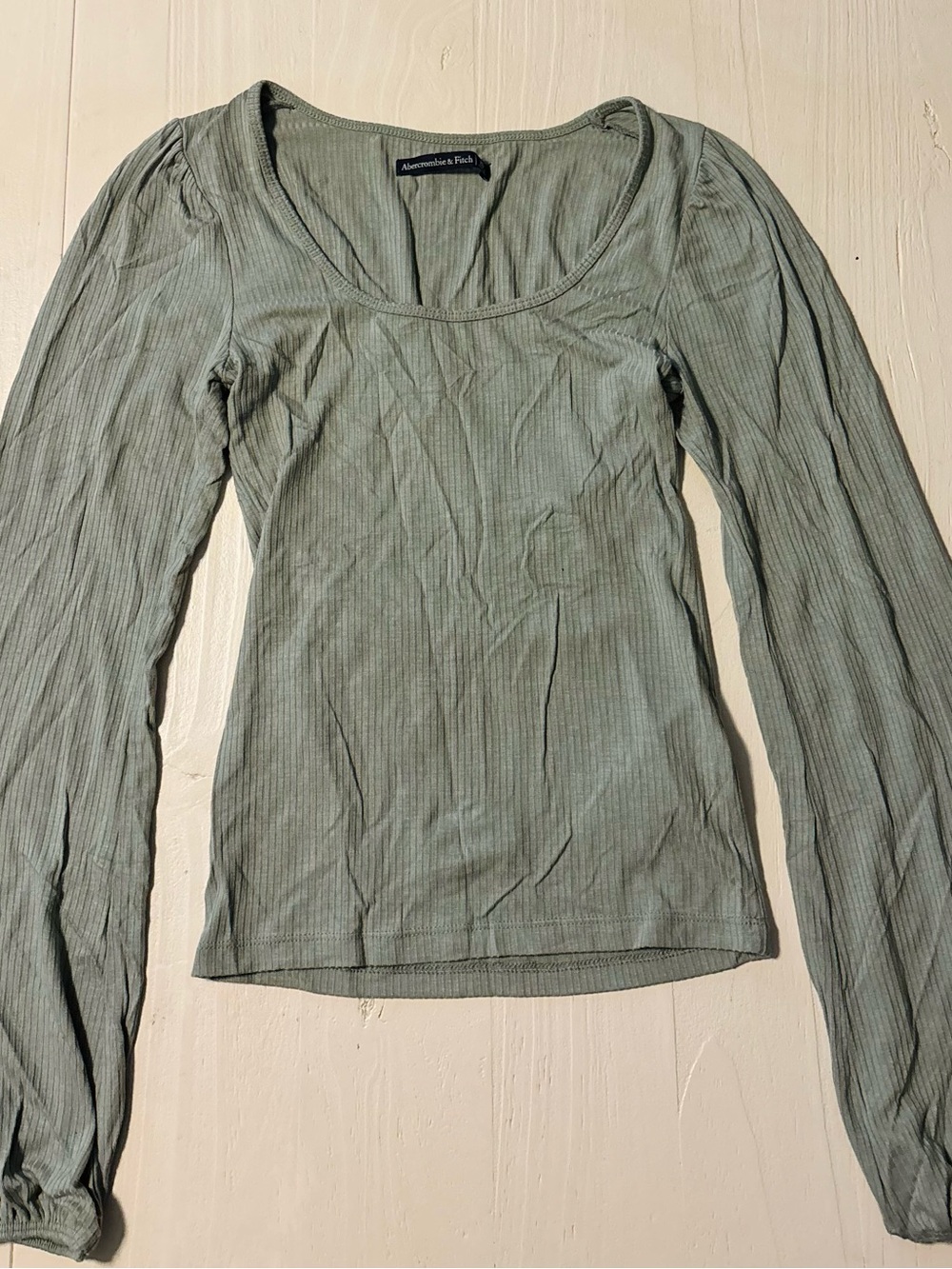 Abercrombie & Fitch Ribbed Sage Green Long Sleeve Scoop Neck Top